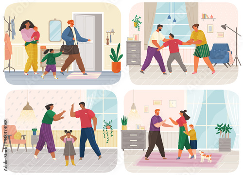 Problems and conflict in family, fight and arguing, quarreling over child in family scenes set. Angry parents swearing. Unhappy teenager. Dispute man and woman. Toxic relationships between people