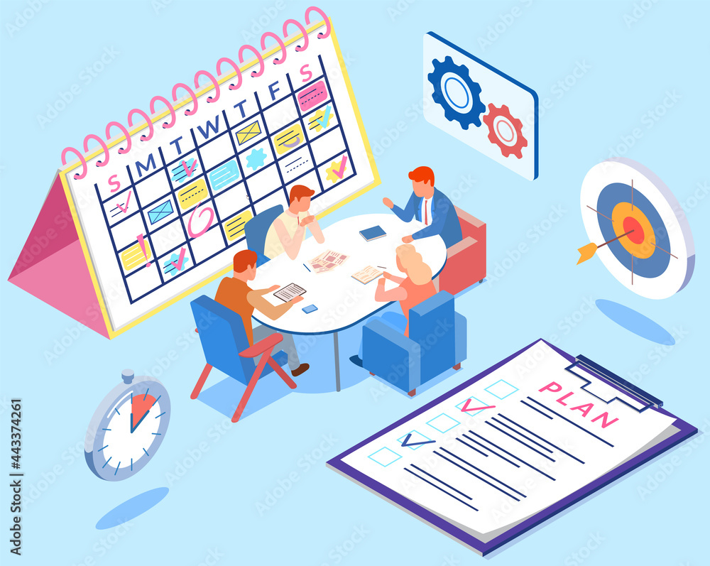 Project planning, deadline and time management concept. Business team has meetings and discusses new office timetable. People analyze plan, schedule. Work schedule planning vector illustration - obrazy, fototapety, plakaty 