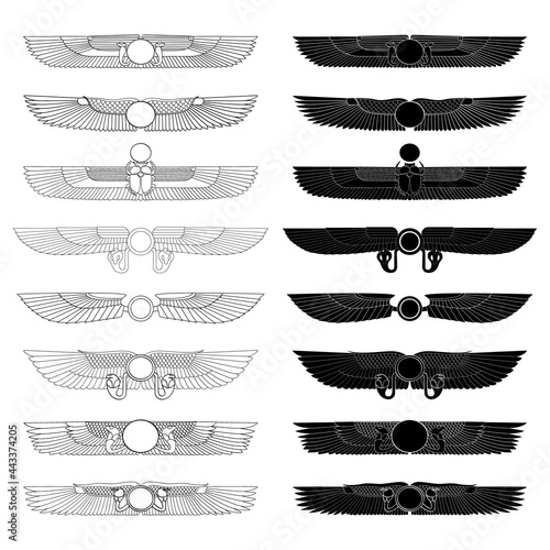 vector monochrome icon set with ancient egyptian symbol Winged sun for your project