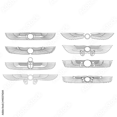 vector monochrome icon set with ancient egyptian symbol Winged sun for your project