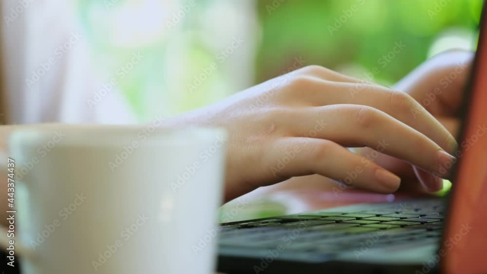 Female hands of business woman professional user worker using typing on laptop notebook keyboard sit at home office desk working online with pc software apps technology concept, close up side view Female hands of business woman professional user worker using typing on laptop notebook keyboard sit at home office desk working online with pc software apps technology concept, close up side view
