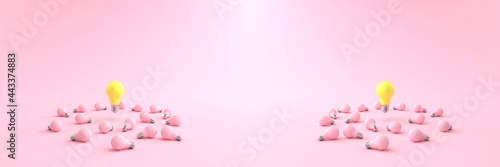 3D rendering of The yellow energy-saving lamp is floating on a pink light bulb placed on a pastel pink floor. and the pink background. concept for new ideas and Outstanding idea  illustration.