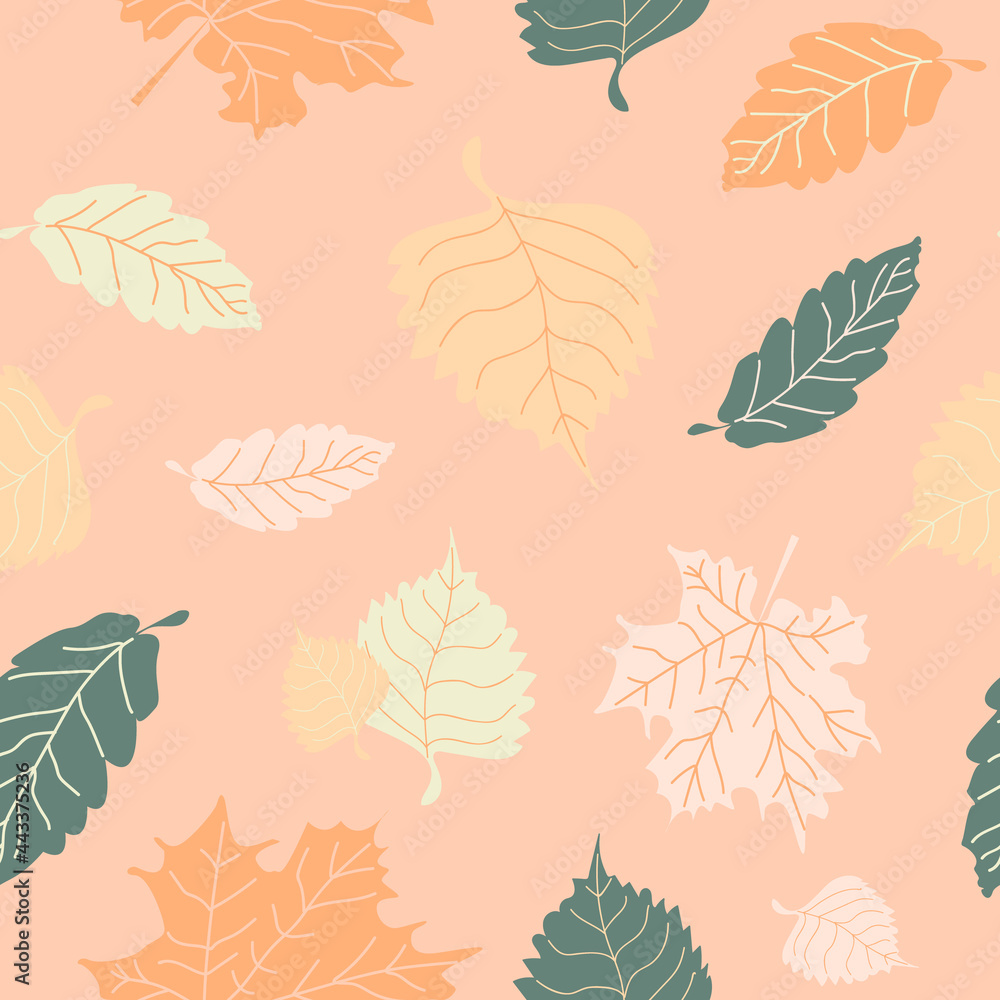 Seamless pattern of  fall  leaves. Vector background with  autumn leaves on beige. Perfect for printing on the fabric, design package and cover