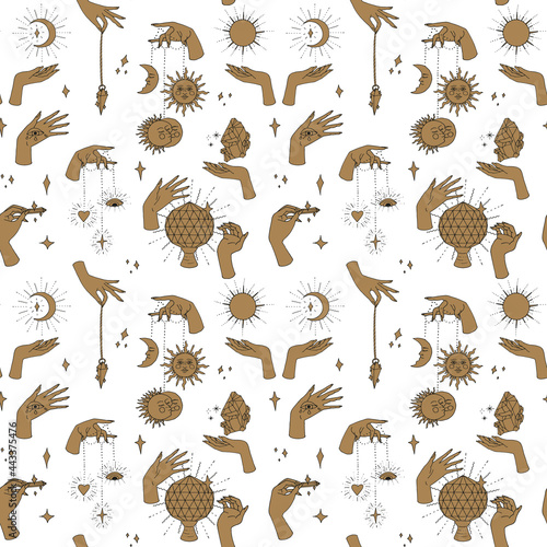 Seamless pattern with hand drawn doodle line art female witch hands holding sun and moon. Spiritual mystic repeat texture. On white background.