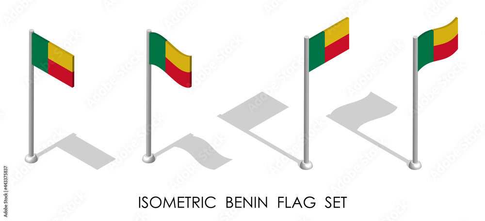 isometric flag of Republic of Benin in static position and in motion on flagpole. 3d vector isometric flag of Republic of Benin in static position and in motion on flagpole. 3d vector