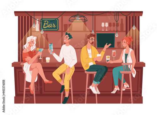 Friends sitting by counters in bar or pubs, visitors chatting and drinking cocktails. Men and women with drinks enjoy evening in company. Partying and nightlife. Flat cartoon character vector