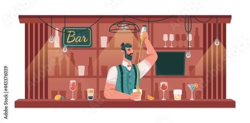 Barman or barkeeper serving alcoholic drinks making cocktails and orders. Bartender pouring alcohol to glass. Bartending man by counter mixing beverages. Bar or pub. Flat cartoon character vector