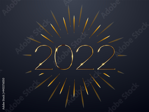 Poster template, a postcard for the new year with gold numbers 2022 and fireworks on a black background. Winter holiday greeting card design template. Vector illustration