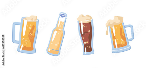 Glasses filled with light or dark beer drink, isolated refreshing beverage with frothy. Bubbly pale ale or lager. Alcohol and booze, cheers and celebration in bars or pub. Flat cartoon vector