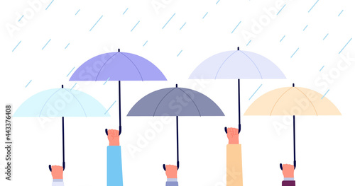 Hands with umbrellas. Rain storm, flood in city. Business safety or insurance metaphor. Life protection, autumn rainy weather utter vector banner