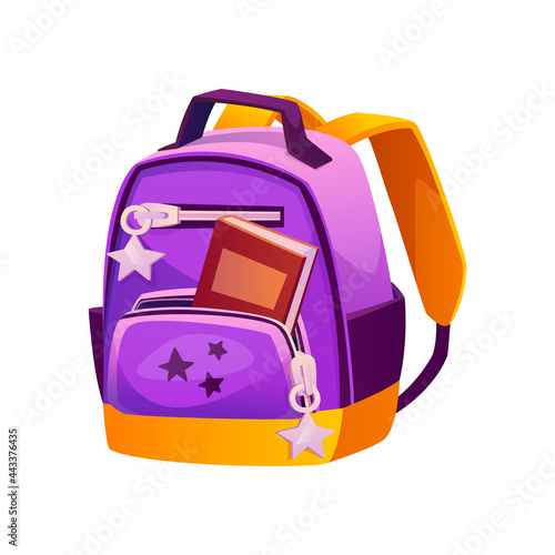 School satchel for girl, feminine design of satchel with open pocket and stars accessories. Rucksack with handle and straps. Supply for classes and studies for kid. Flat cartoon style vector