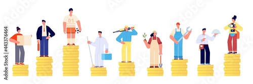 Different salary. Financial person rights, gender and professional money gap. Work inequality, cash growth compare. Jobs opportunities utter vector concept