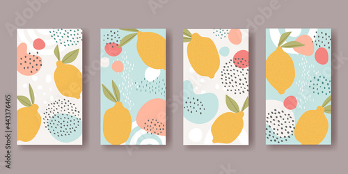 Set of vector vertical banners with abstract ornaments and lemon fruits