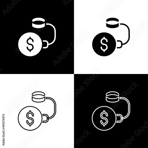 Set Debt ball chained to dollar coin icon isolated on black and white background. Big heavy debt weight with shackles and money. Financial crime, fee, crisis. Vector