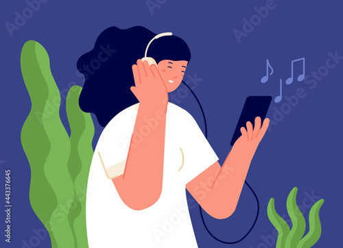 Girl listen music. Person in headphones, cartoon woman listening audiobook or podcast on phone. Teenage with smartphone utter vector character