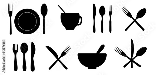 Fork, spoon, knife, plate, cup. Set of cutlery icons, kitchen utensils for the reception of the table setting record. Logo for cafes, restaurants. Vector flat illustration.	