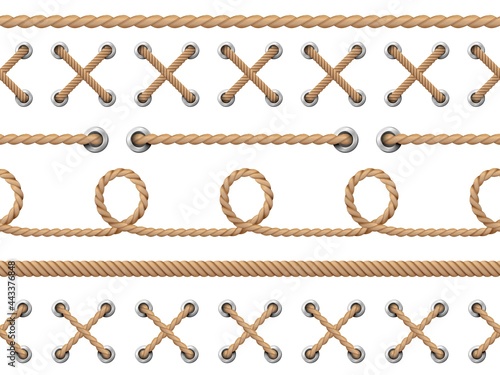 Nautical ropes seamless. Line rope design pattern, retro marine string knot borders. Endless ship cable, isolated nautical cord recent vector elements
