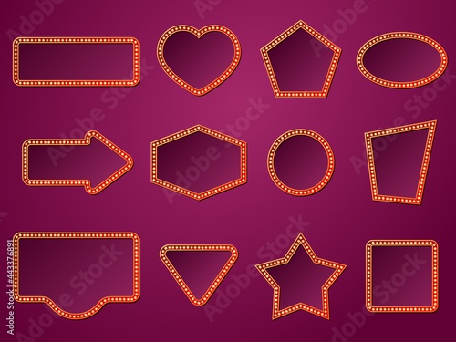 Retro lamps banners. Lights signs, hollywood theater billboard. Cinema signboard, circus show or casino. Vintage night recent vector shining boards