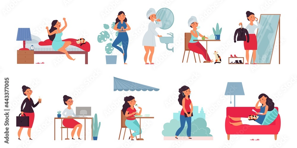 Woman daily routine. Modern women, yoga everyday life. Morning wake up in bed, coffee on breakfast. Business office girl decent vector character
