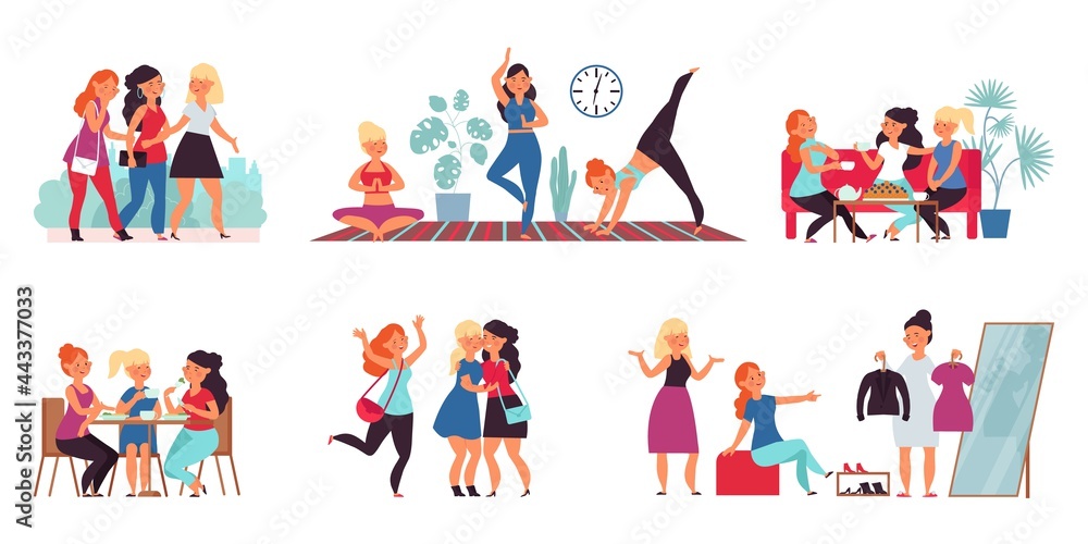 Female friends together. Smiling young friend, adult friendship. Happy sisters, women teamwork community. Girls togetherness decent vector set