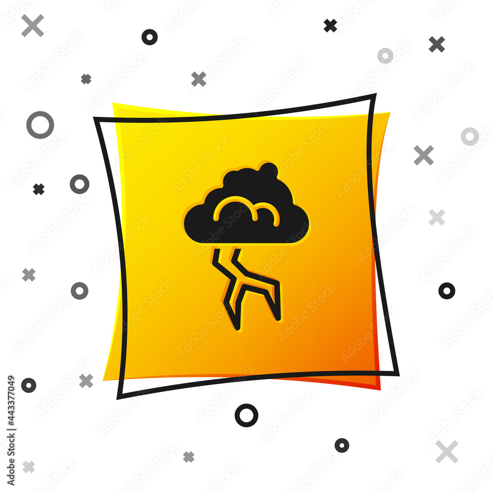 Fototapeta Black Storm icon isolated on white background. Cloud and lightning sign. Weather icon of storm. Yellow square button. Vector