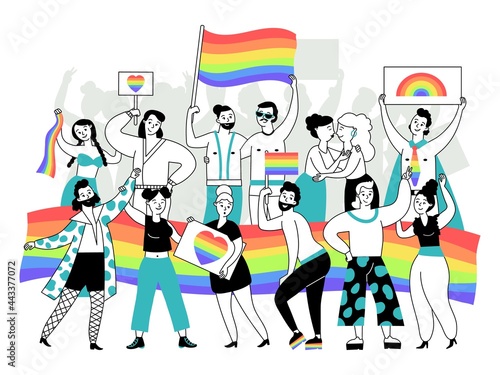Lgbtq demonstration. Happy lgbt person, couples transgender and gay parade. Women lesbian, bisexual people. Equality gender decent vector concept
