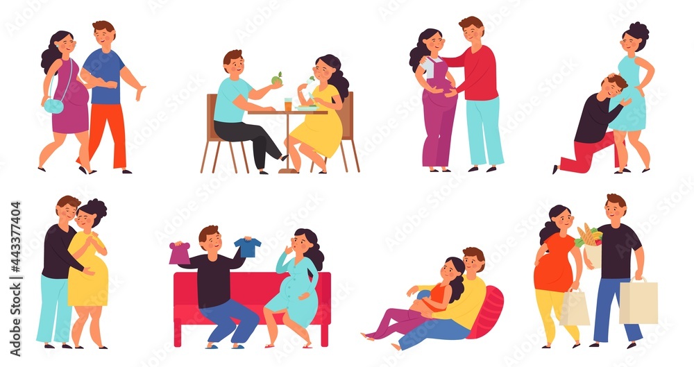 Pregnant couple. Men care women, future mother and husband embracing her. Support of pregnancy wife, cartoon maternity parenthood decent vector set