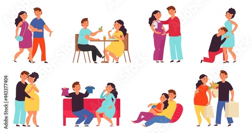 Pregnant couple. Men care women, future mother and husband embracing her. Support of pregnancy wife, cartoon maternity parenthood decent vector set