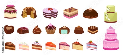 Cartoon sweets. Cake candy chocolate biscuit. Isolated pieces of birthday cakes. Dessert isometric icons, colorful breakfast in cafe or sweet shop vector elements