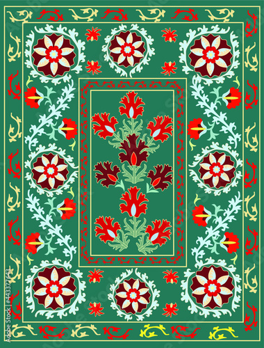 Green suzani carpet- traditional art in Uzbekistan. Handmade embroidery textile product. Using in home decor. Producing in Ferghana valley.