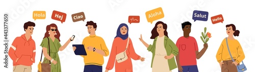 International greeting. Multilingual people, different language culture students. Woman man say hello on diverse languages. Use mobile translator, multiethnic friends vector characters