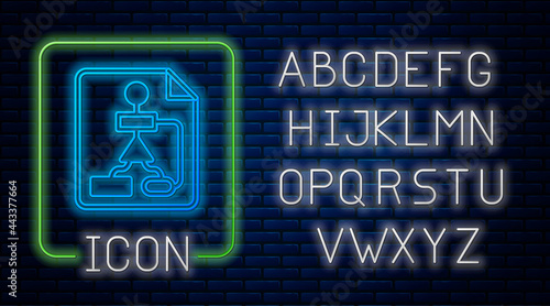 Glowing neon Tile flowchart for program design or process management plan icon isolated on brick wall background. Block diagram. Neon light alphabet. Vector