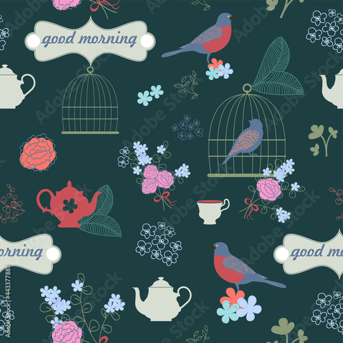 victorian style seamless pattern with birds and flowers of forget-me-not. Background for wallpaper, print, textile, wrapping paper photo