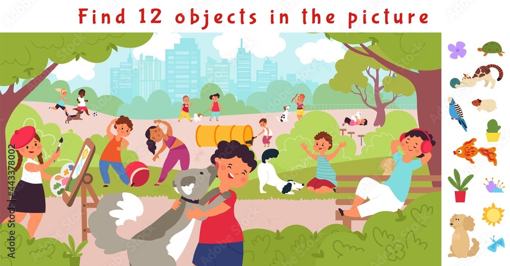 Hidden objects puzzle game. Find object, children lifestyle in park. Fit kids, resting on nature with puppy. Funny brain teaser decent vector picture Hidden objects puzzle game. Find object, children lifestyle in park. Fit kids, resting on nature with puppy. Funny brain teaser decent vector picture