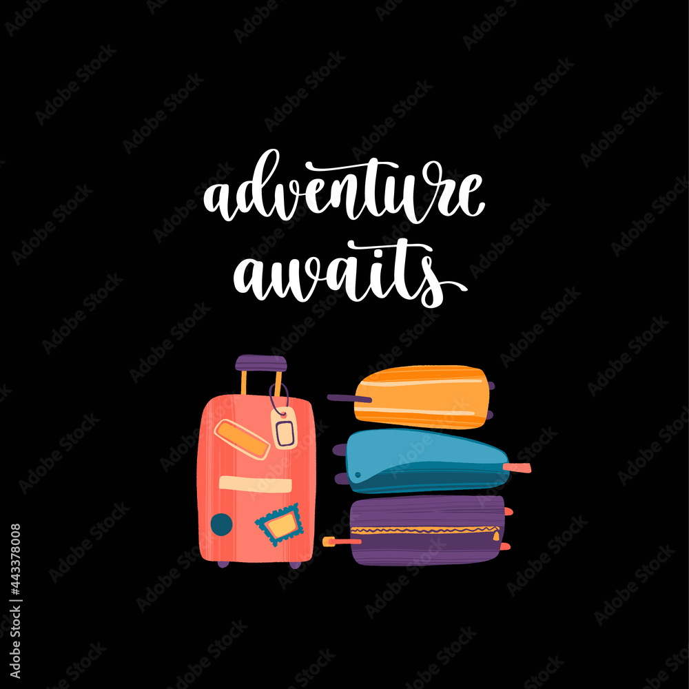 Naklejka premium Travel inspiration quote and journey items. Positive phrase about trip or adventure.