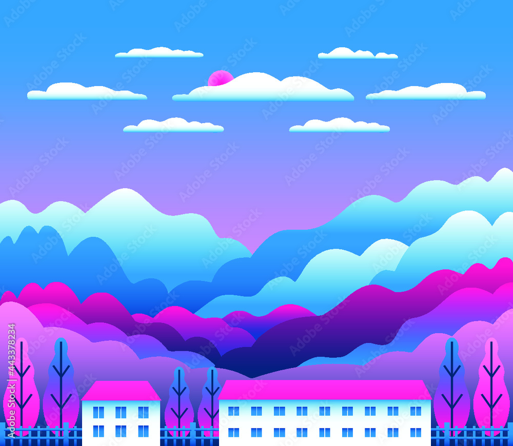 Minimal landscape village, mountains, hills, trees, forest. Rural valley scene. Farm countryside with house, building in flat style design. Pink blue neon gradient colors. Cartoon background vector
