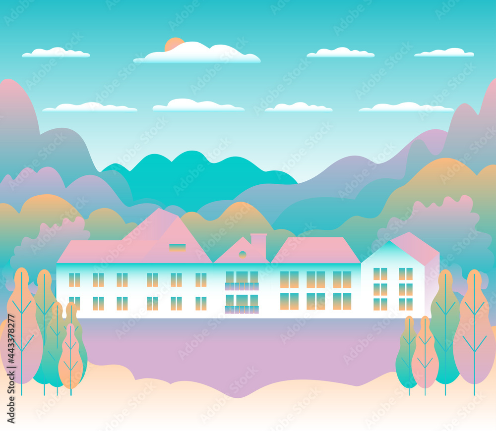Minimal landscape village, mountains, hills, trees, forest. Rural valley scene. Farm countryside with house, building in flat style design. Pink blue pastel gradient colors. Cartoon background vector