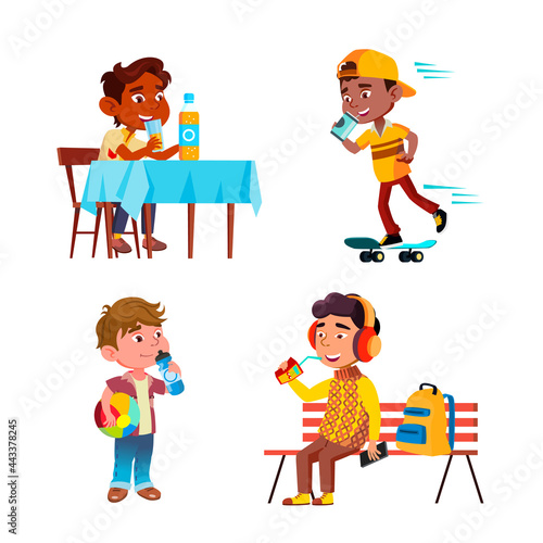 Boys Kids Drinking Delicious Drink Set Vector. African Child Ride On Skateboard, Preteen Sitting On Bench And At Table, Infant With Ball Drinking Juice Or Water. Characters Flat Cartoon Illustrations