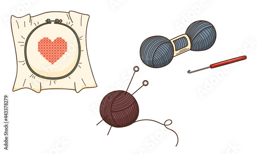 A set of colored doodles. Needlework, embroidery with a heart, yarn, skein of thread, hook, knitting needles. Decorative elements with contour and fill. Color vector illustration isolated on white