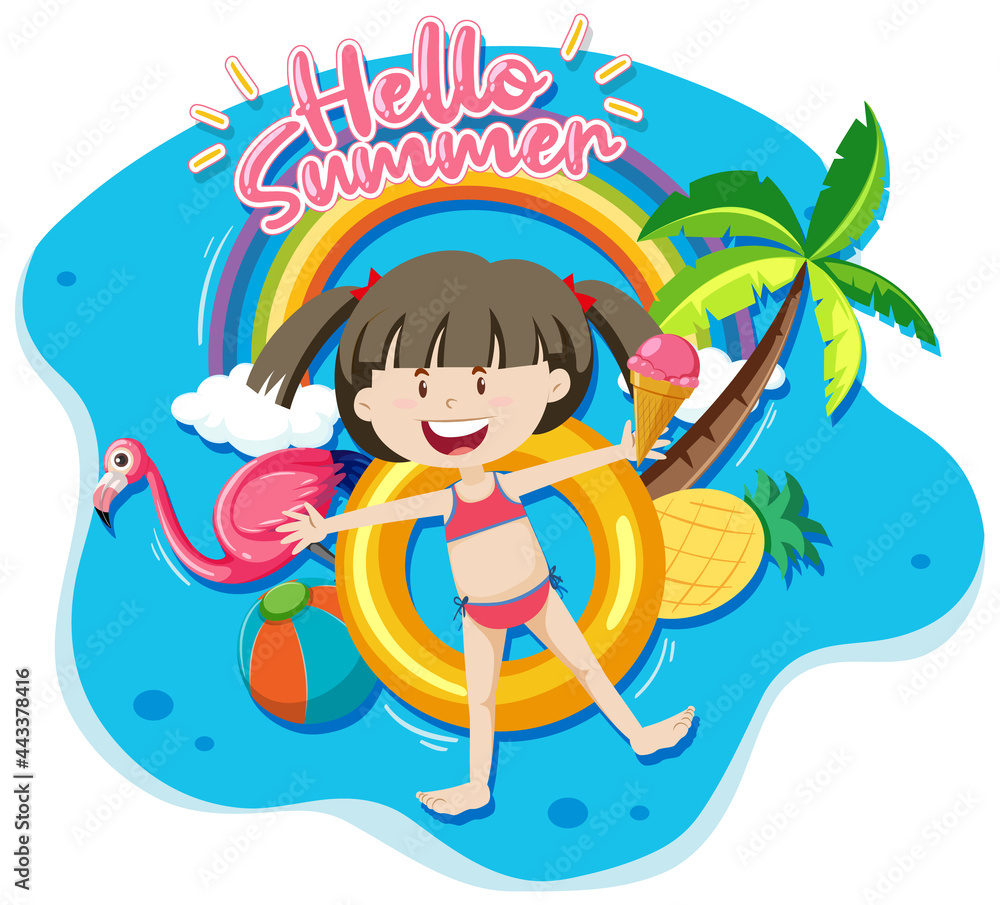 Hello summer banner with a girl laying on swimming ring isolated Hello summer banner with a girl laying on swimming ring isolated
