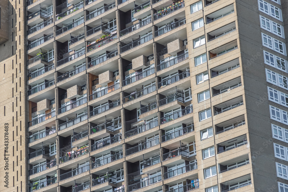 A Brutalist style tower block, Trellick Tower, in London, UK A Brutalist style tower block, Trellick Tower, in London, UK
