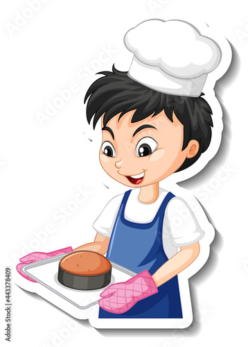 Sticker design with baker boy holding baked tray