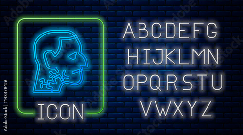 Glowing neon Throat cancer icon isolated on brick wall background. Laryngeal cancer. Neon light alphabet. Vector