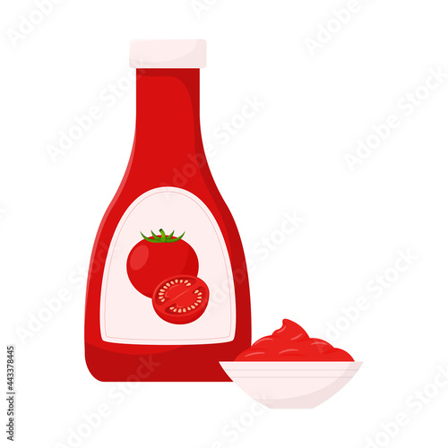 A red bottle of tomato ketchup with tomatoes on the labels and a bowl of ketchup. Food, tomato sauce, ingredient. Flat, cartoon style. Color vector illustration isolated on a white background.