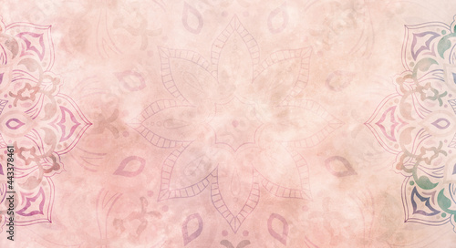 Soft, earthy orange, coral pastel watercolour background with mandalas - textured banner, stationery