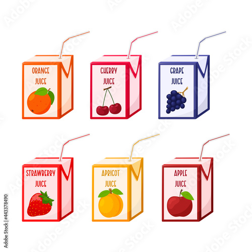 A set of different juices in a cardboard box with a straw. Fruit and berry juices. Baby food, fresh summer drink. Flat, cartoon style. Color vector illustration isolated on a white background.