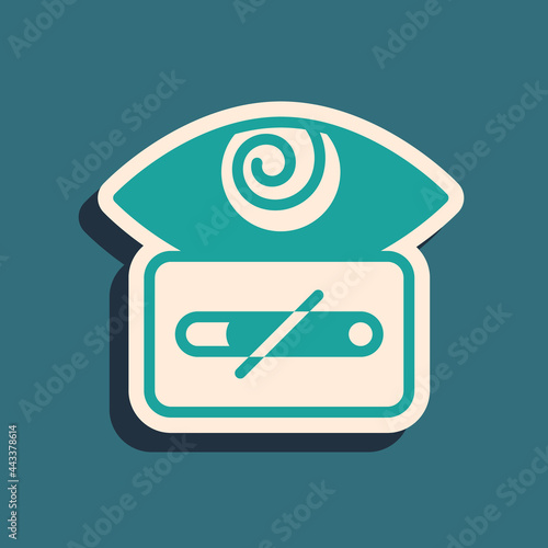 Green Hypnosis icon isolated on green background. Human eye with spiral hypnotic iris. Long shadow style. Vector