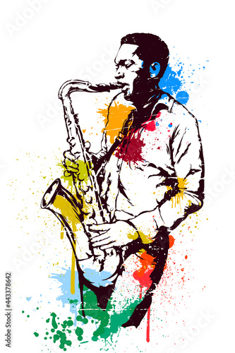 Jazz man with sax on the white background