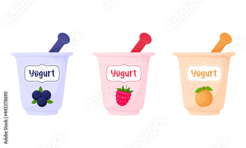 Yoghurts in a cup with a spoon. Blueberry, raspberry, peach, yogurt, dairy product, healthy food. Flat, cartoon style. Color vector illustration isolated on a white background.