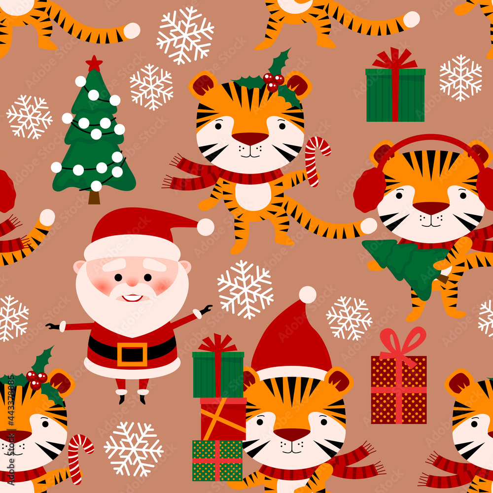 Seamless pattern with Christmas, New Year and Chinese New Year symbols. Tiger 2022, Santa Claus, gift box, snow, snowflake, Christmas tree. Holiday design